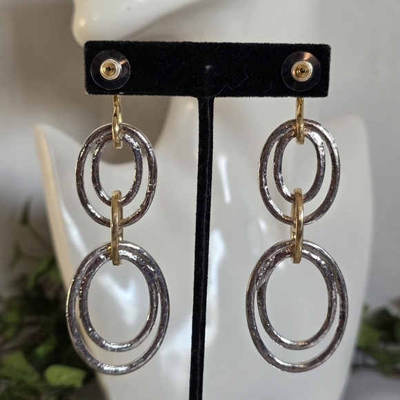 Long Statement Gold And Silver Oval Drop Glam Earrings - Picture 8 of 9